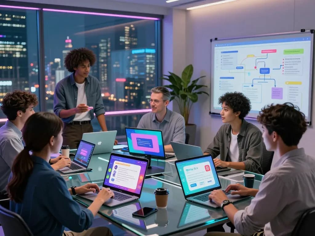 Engaging with Spicy AI chatbots in a vibrant tech workspace with animated professionals and dynamic displays.