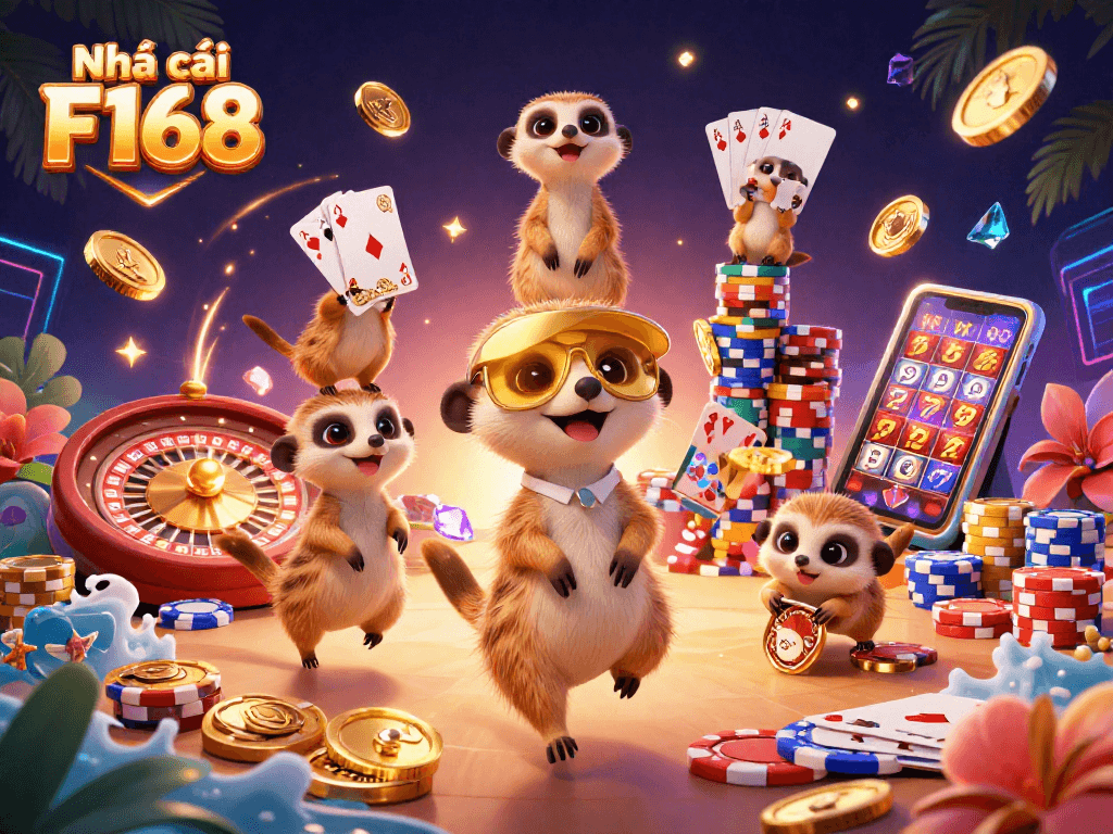 Experience the thrill of Nhà cái F168 with a vibrant casino scene featuring lively meerkats and thrilling game elements.