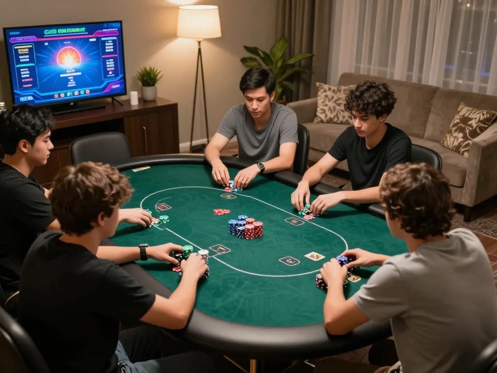 Các người chơi tận hưởng một trò chơi poker hồi hộp trên Go88, thể hiện trải nghiệm chơi game tại nhà hấp dẫn với lối chơi chiến lược.