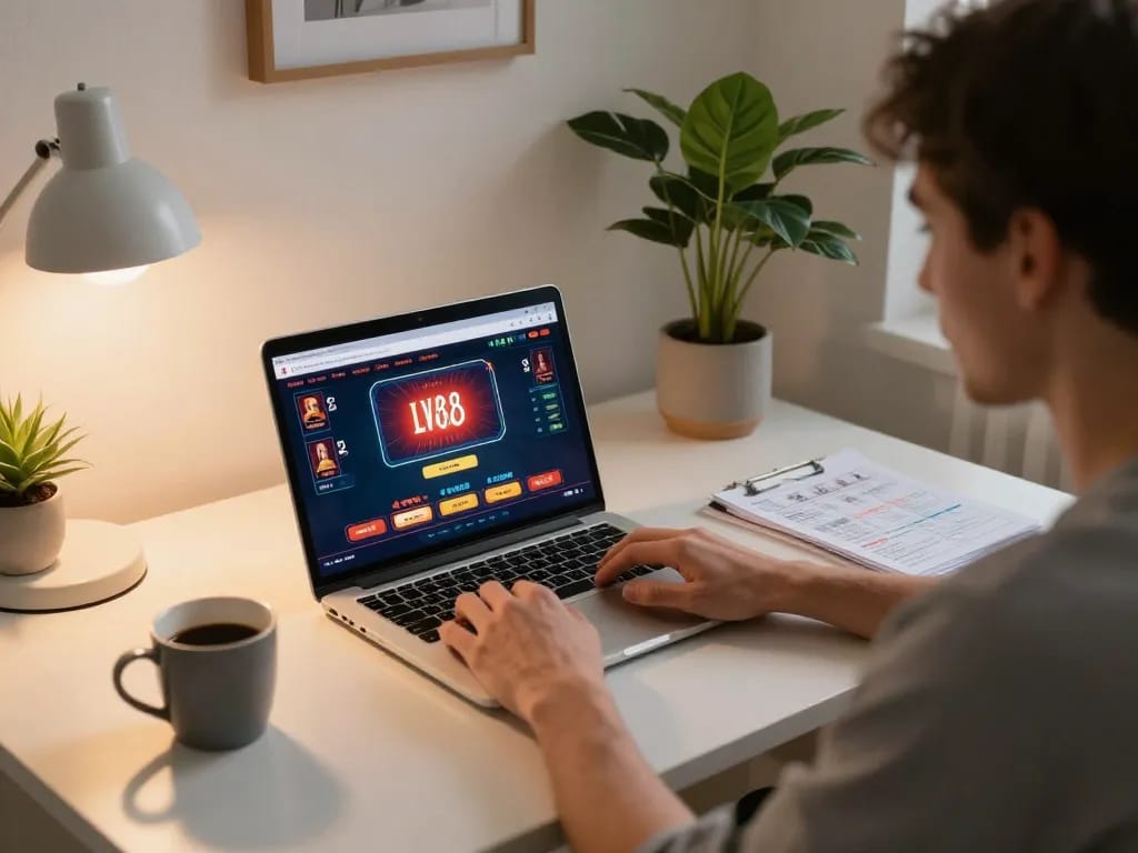 Player engaged in live dealer game on LV88 during home gaming session.