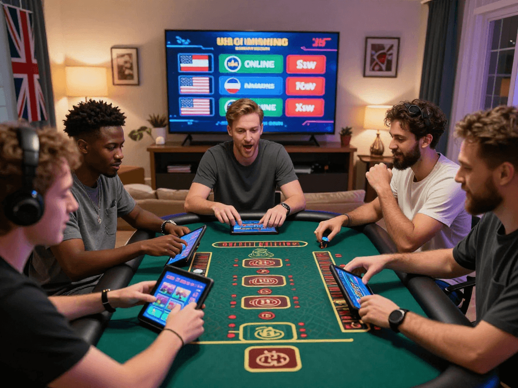 Excited UK players enjoying USA online casinos featured on https://aboutobo.com, engaging in games within a vibrant virtual gaming environment.