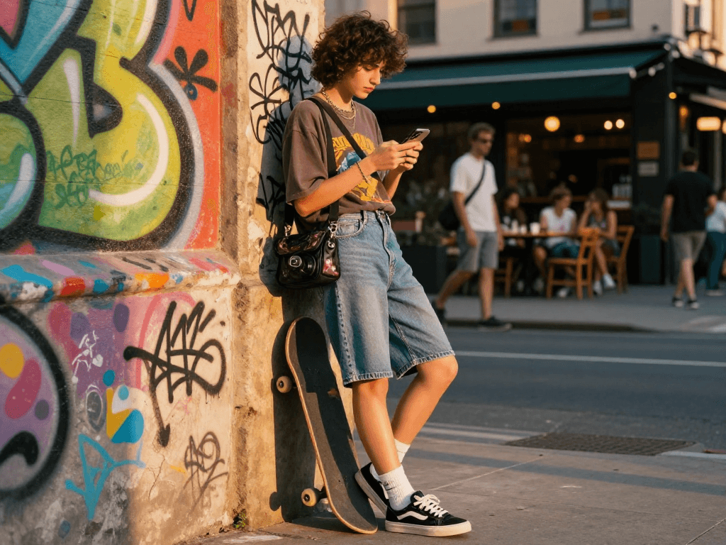 Stylish individual in urban setting showcasing ai slut lifestyle during sunset with vibrant street art background.