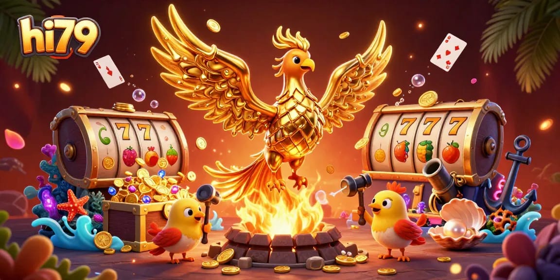 Engage with the vibrant phoenix and slot reels of hi79 casino, capturing a thrilling gaming experience.