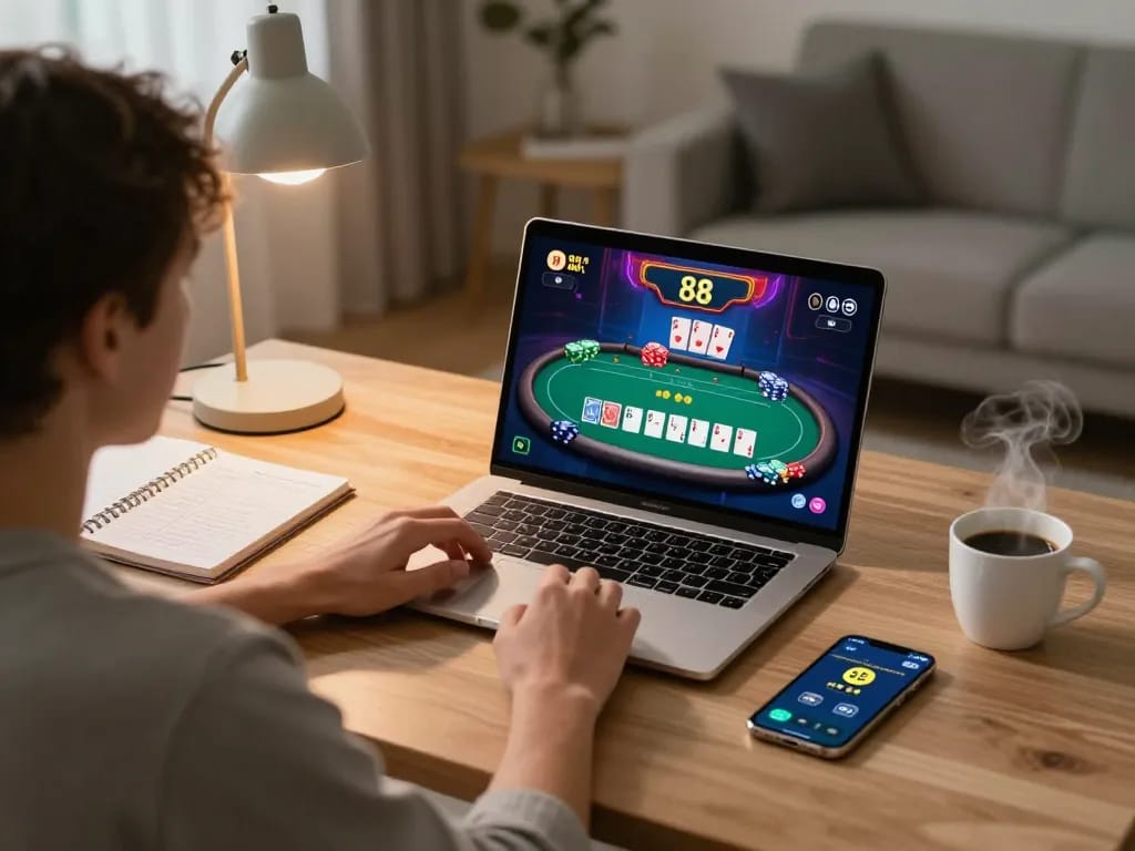 Engaging in an EE 88 poker game from a cozy home office setup with strategic notes visible.