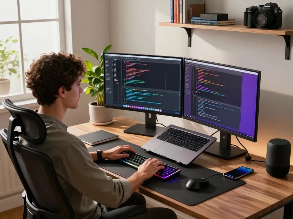Developer using MoltBot on Mac in a modern home office setting with dual monitors.