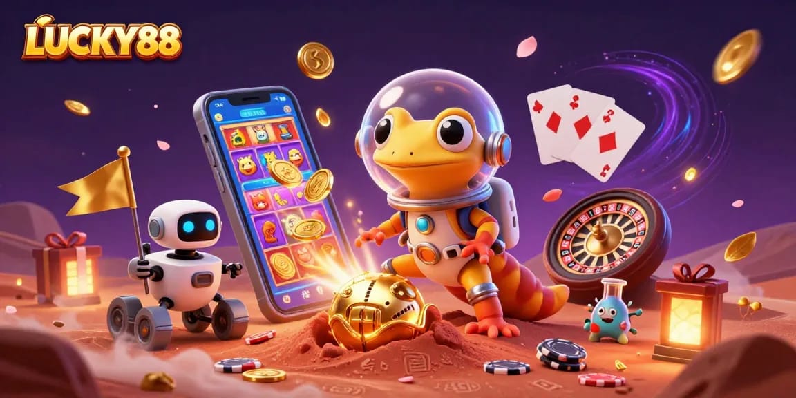 LUCKY88 casino gecko reveals treasures in a vibrant alien landscape celebrating big wins.