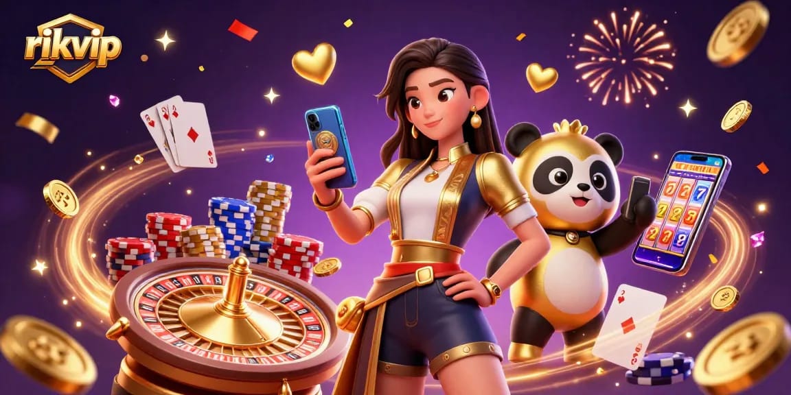 Experience exciting gameplay at rikvip with an elegant woman holding a casino game smartphone amidst golden coins and a joyful panda.