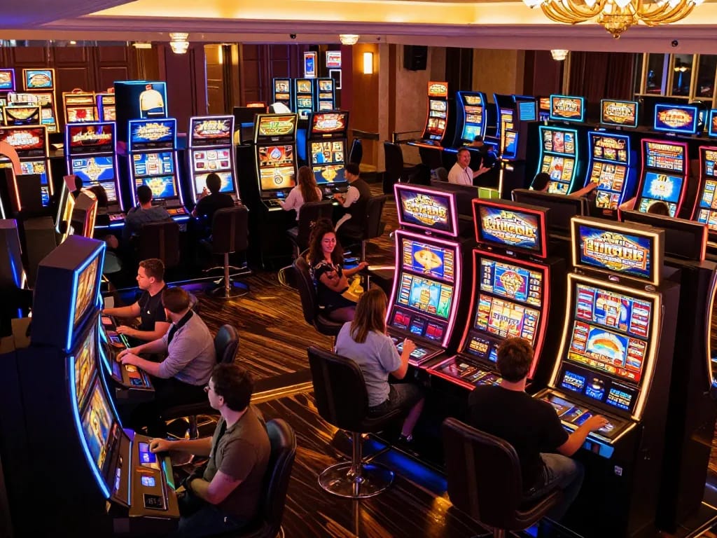 Người chơi B52club ăn mừng chiến thắng tại khu vực máy đánh bạc đầy màu sắc được chiếu sáng bởi đèn neon