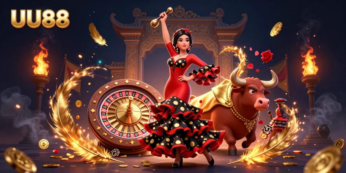 UU88 casino offers exciting visuals with a woman in a flamenco dress and a bull amid roulette and poker elements.