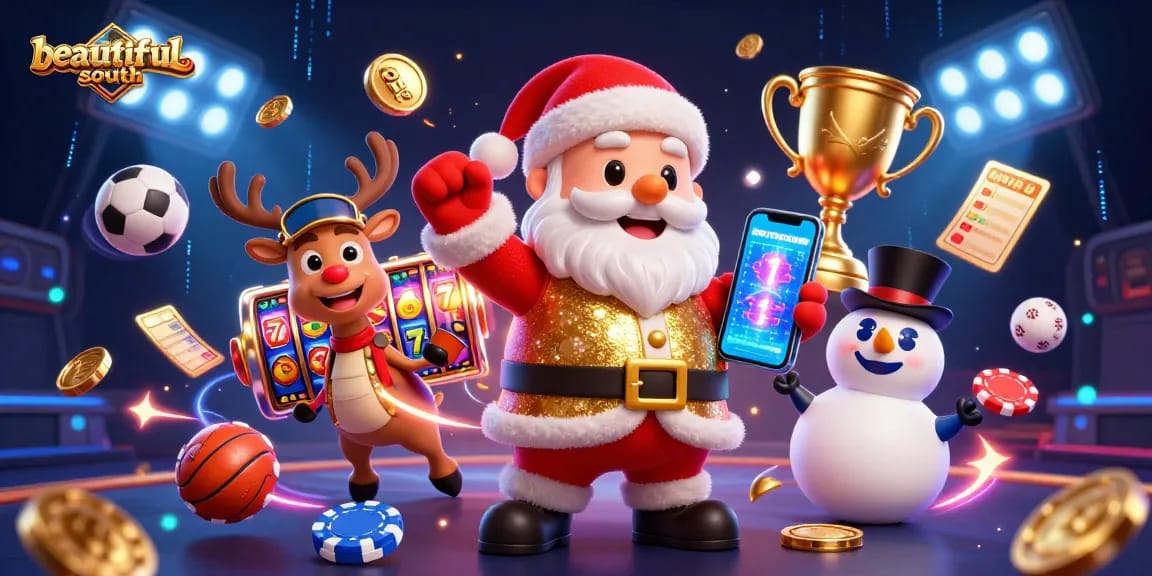 Play exciting slots with beautifulsouth's 3D casino scene featuring festive characters and thrilling jackpots.