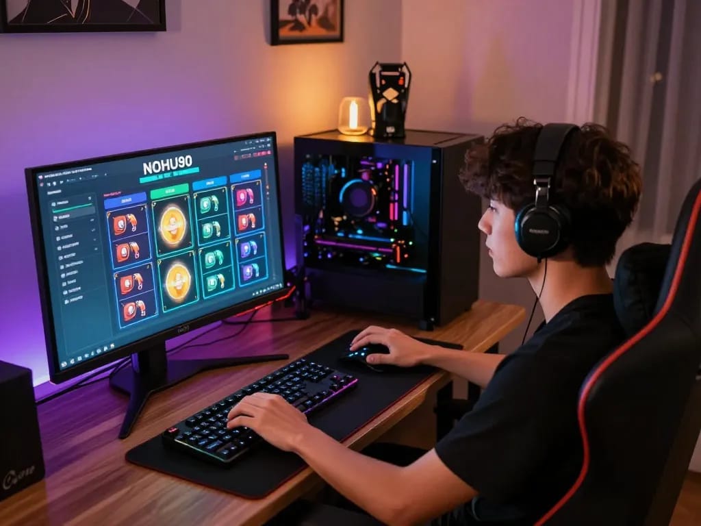 Person enjoying NOHU90 slots on a laptop in a cozy home gaming setup