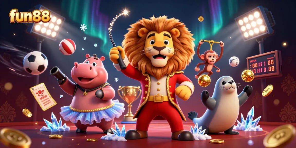 Fun88 offers thrilling gaming experiences, showcasing fascinating circus characters amidst dynamic sports elements.