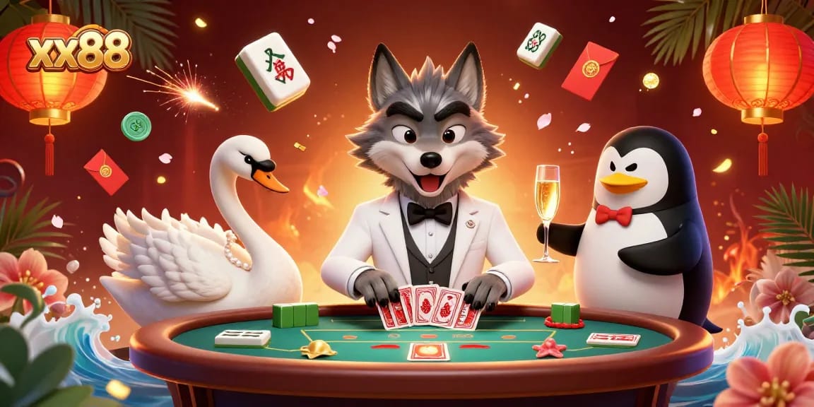 xx88 engages players with a vibrant casino scene featuring a debonair wolf and an elegant swan.