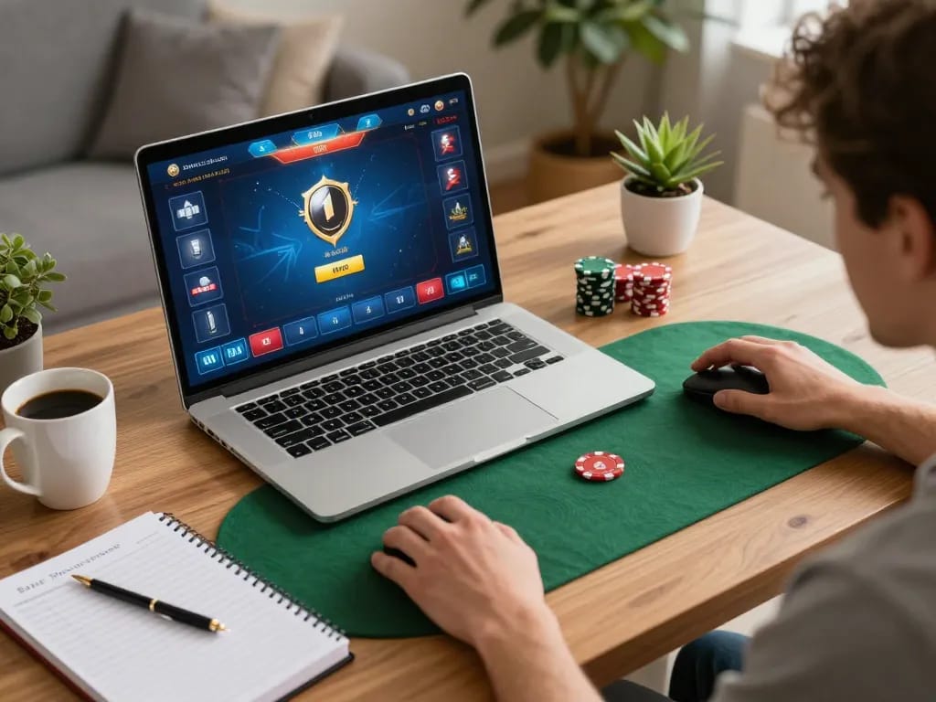 Player strategizing on NK88 COM during an online poker game with a warm home atmosphere