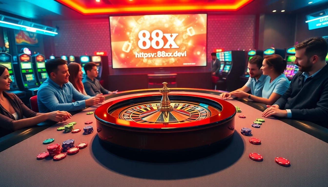 Experience thrilling gambling action at https://88xx.dev/ with vibrant poker tables and colorful chips.