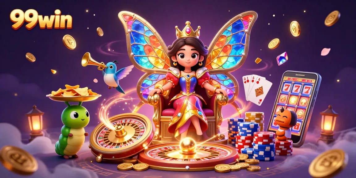 Experience the engaging world of 99win with vibrant characters, casino games, and sparkling elements.