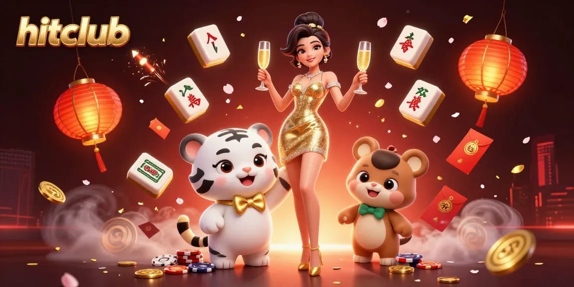 Experience excitement and luxury at hitclub with a glamorous woman, lucky tiger, and vibrant casino elements.