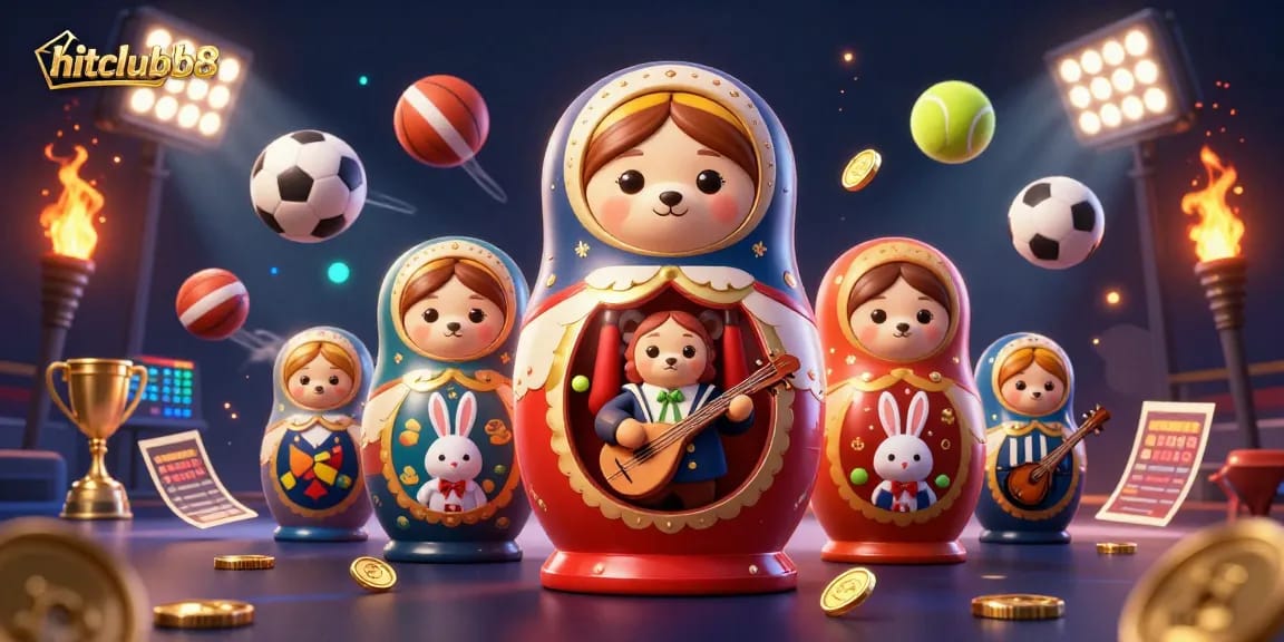 Engage with hitclubb8 through lively sports-themed 3D illustration featuring bears and a serenading rabbit.