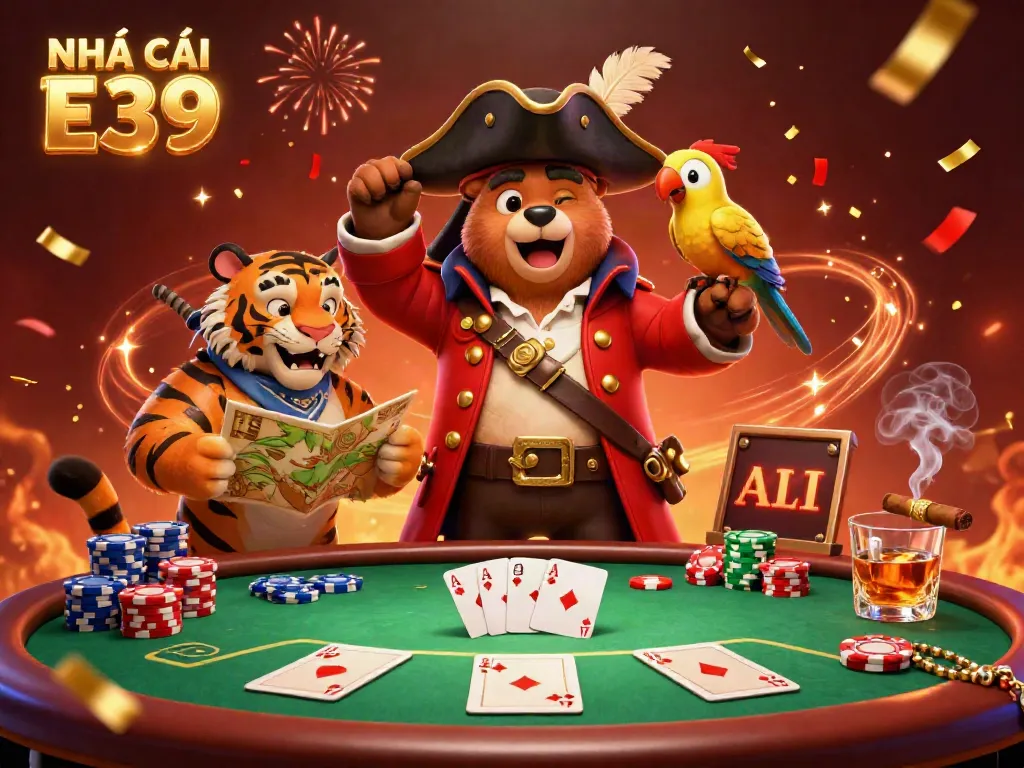 Engage in thrilling poker with NHÀ CÁI E39, featuring vivid characters and dynamic casino elements.