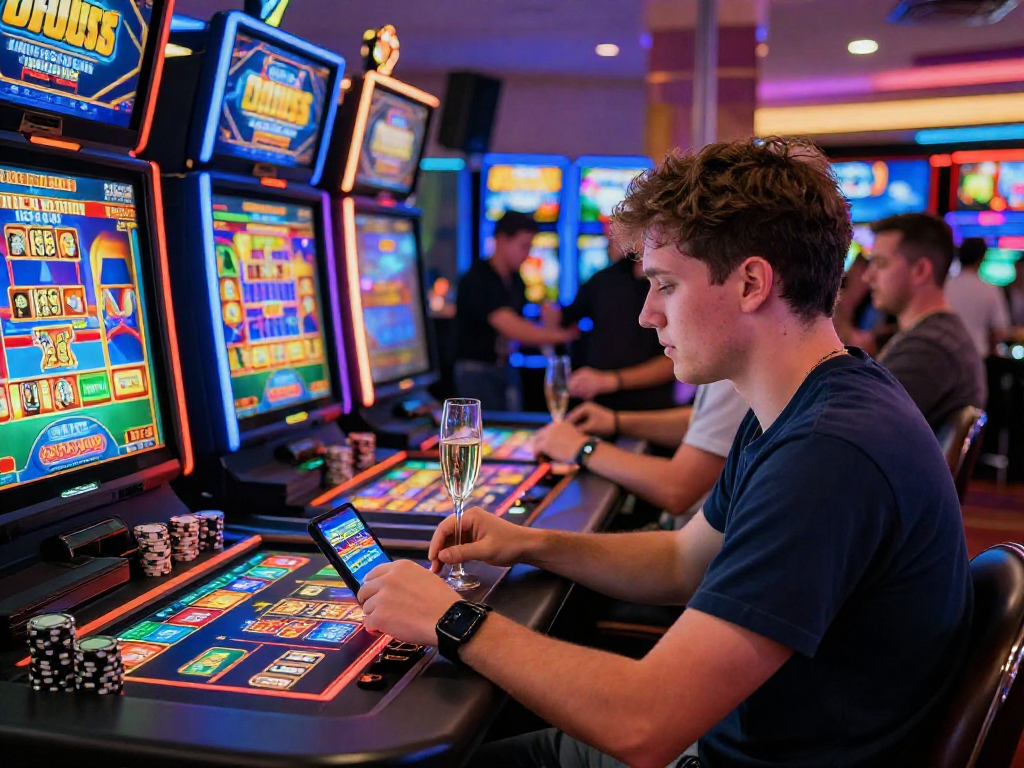 Engaged player at a non gamstop casino, focusing on mobile gaming with colorful slot machines in the background