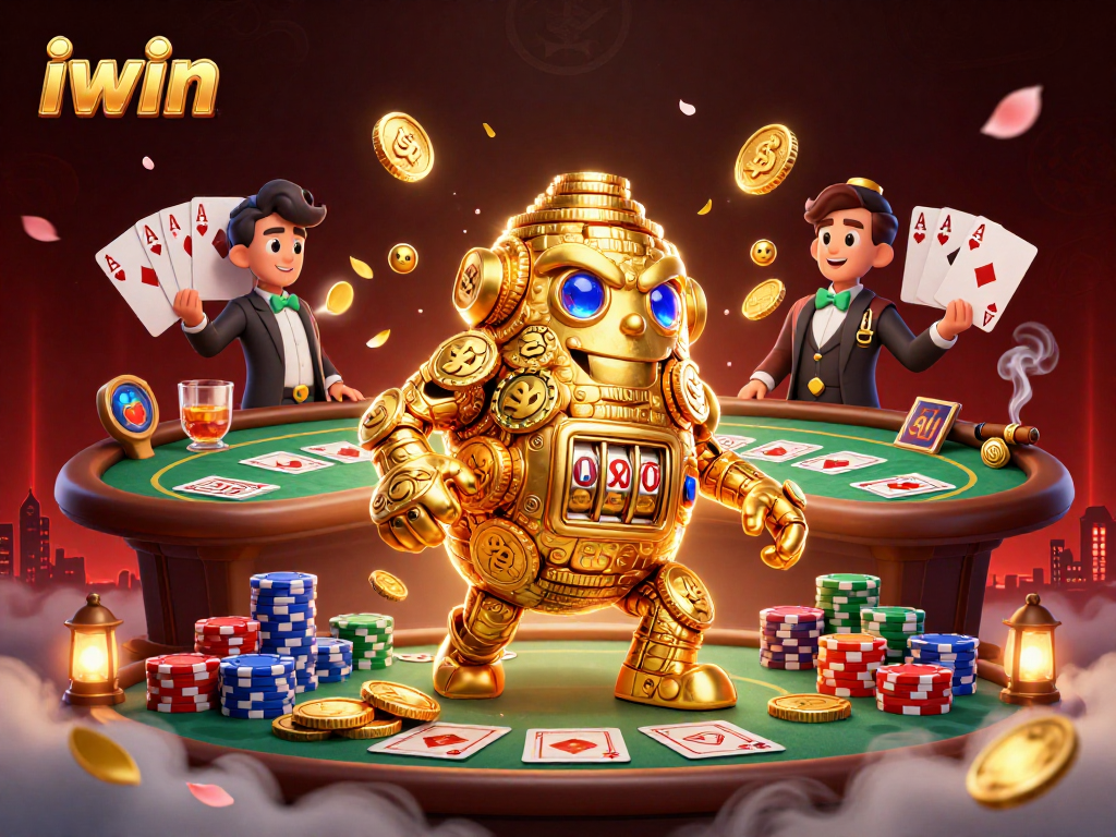 Engage with iwin casino features through an intriguing scene with a golden golem and poker elements.