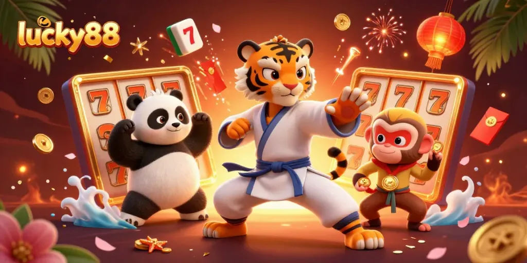 Experience lucky88's excitement with a dynamic 3D scene featuring vibrant casino elements and engaging characters.