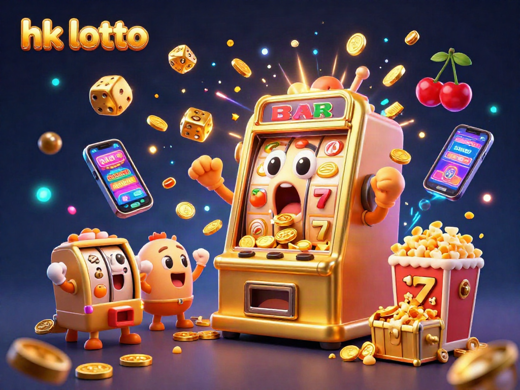 Experience the thrill of hk lotto as a golden slot machine hits the jackpot in a vibrant 3D casino scene.