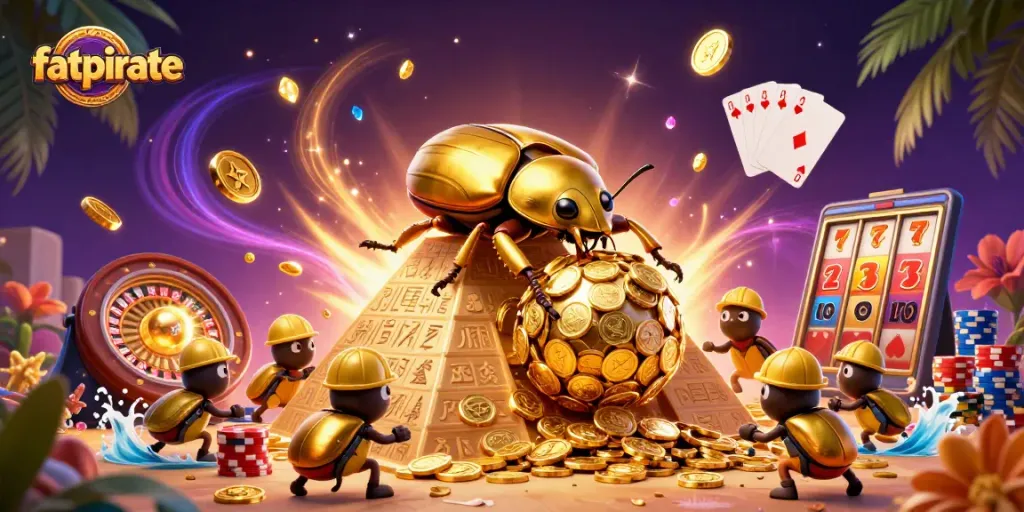 Experience fatpirate fun with golden coins cascading and spinning roulette in vibrant casino scene.