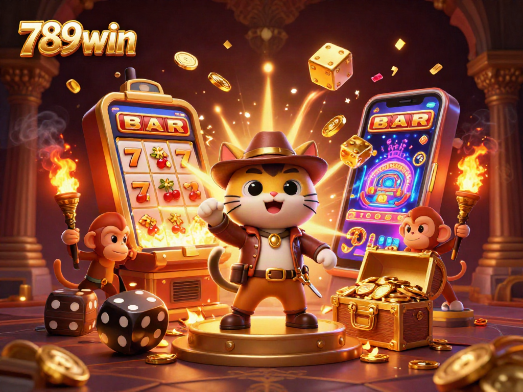 Experience the thrill of 789win with a 3D illustration of an explorer cat amidst casino riches.