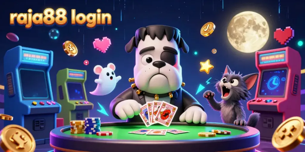 raja88 login offers a fun gaming adventure with a lively scene featuring a Frankenstein bulldog dealer surrounded by vibrant casino elements.