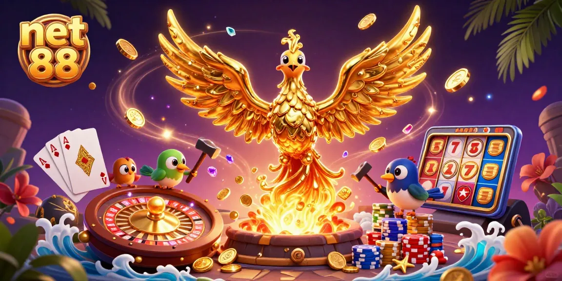 Experience net 88's thrilling adventure with a golden phoenix and casino elements, showcasing rich gameplay.