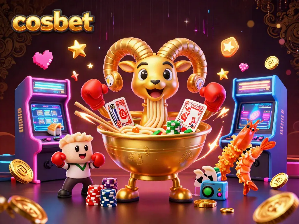 Engage with cosmobet's thrilling fantasy as a giant ramen bowl character deals cards and stacks chips in this vibrant casino scene.