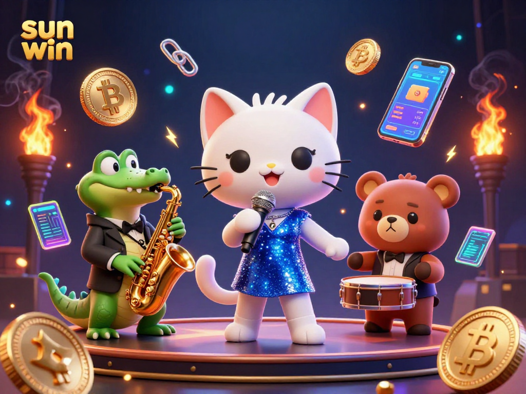 Experience the excitement of sun win with a vibrant illustration featuring a jazz-singer cat, croc, and bear in a casino scene.