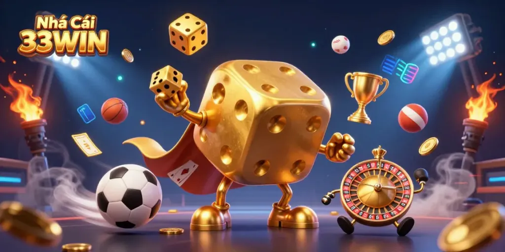 Engaging scene with Nhà Cái 33WIN’s golden dice golem and dynamic sports elements in a vibrant casino setting.