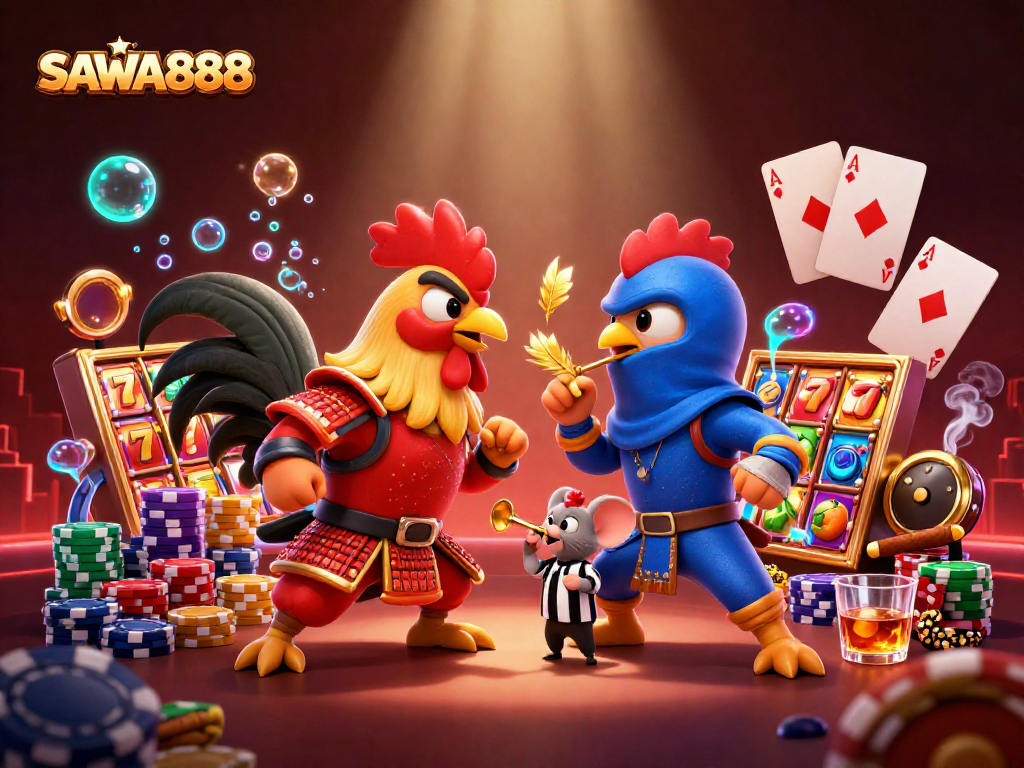 Engage with SAWA888's slot collection featuring action-packed roosters in a vibrant casino atmosphere.