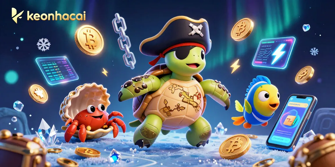 Engage with keonhacai's vibrant casino scene featuring a pirate turtle, a golden hermit crab, and a colorful parrotfish.