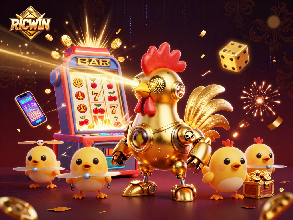 Experience RICWIN jackpots with a dynamic golden rooster robot and baby chick drones amidst bursting casino symbols.