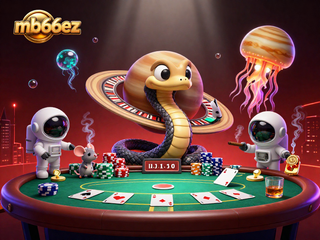 Engage with mb66ez in this dynamic scene of cosmic poker and betting action featuring a Saturn ring snake and astronauts.