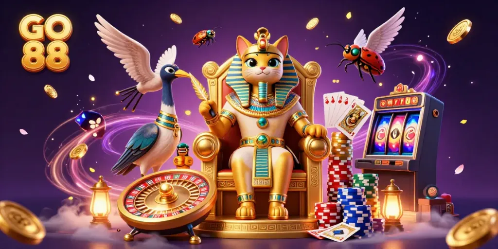 Experience the excitement of GO 88 with a lively casino-themed 3D illustration featuring iconic symbols.