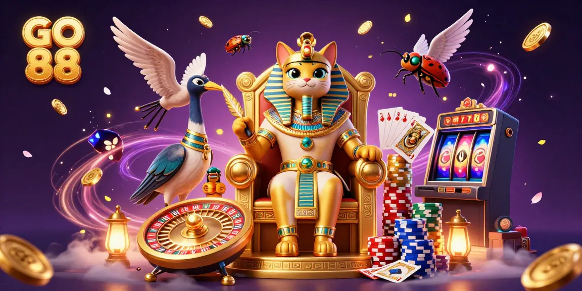 Experience the excitement of GO 88 with a lively casino-themed 3D illustration featuring iconic symbols.