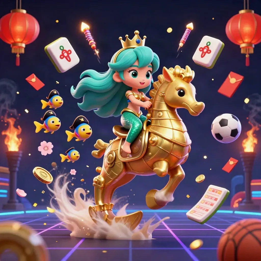 Mermaid princess on armored seahorse amid casino charms, sports balls, and neon effects.