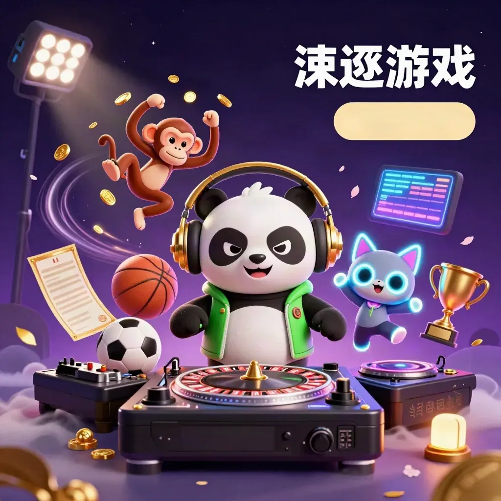 DJ panda, monkey and glow-stick kitten amid casino lights, balls, coins and a trophy.