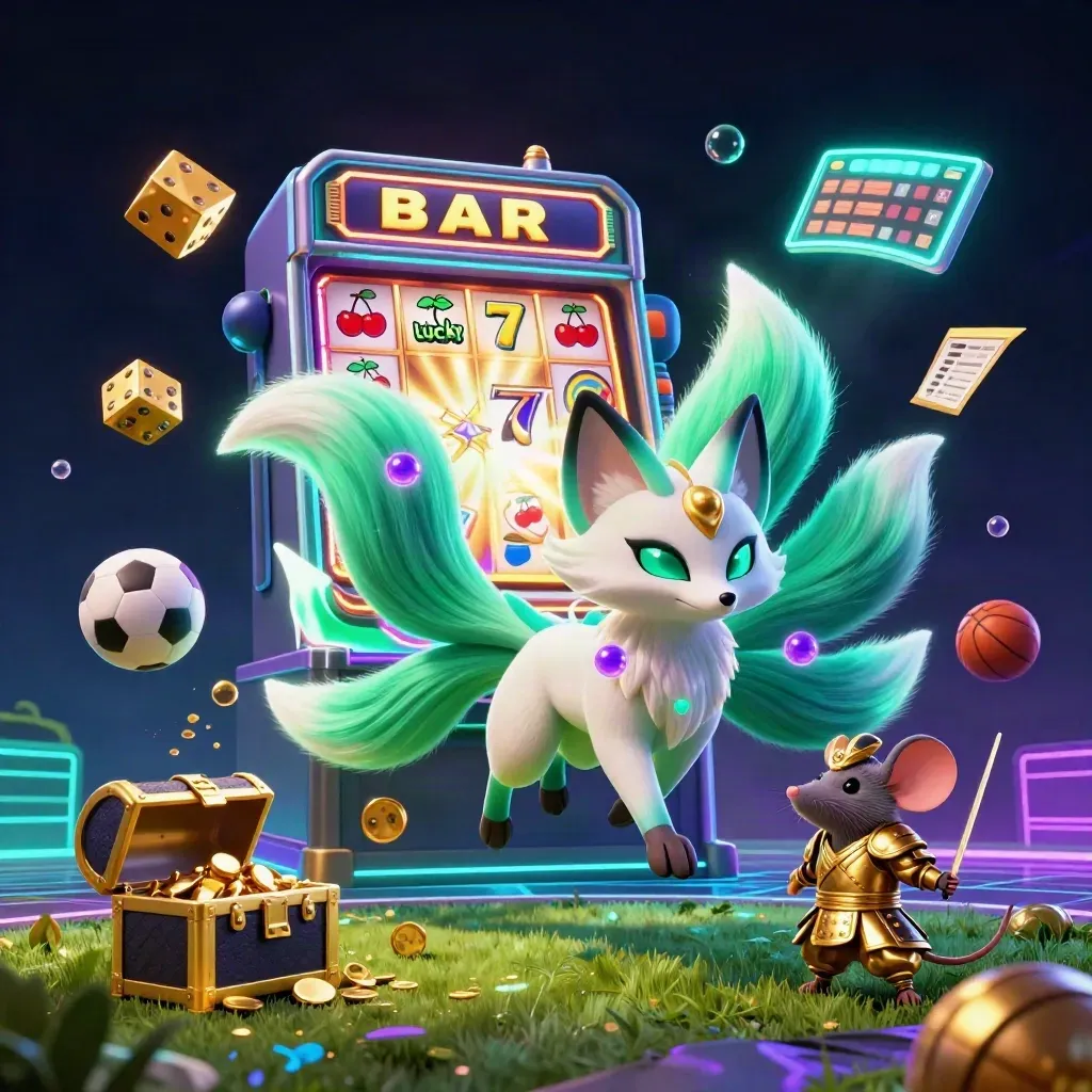 Neon fox spirit and gold-armoured mouse amid exploding slot symbols and sports gear.