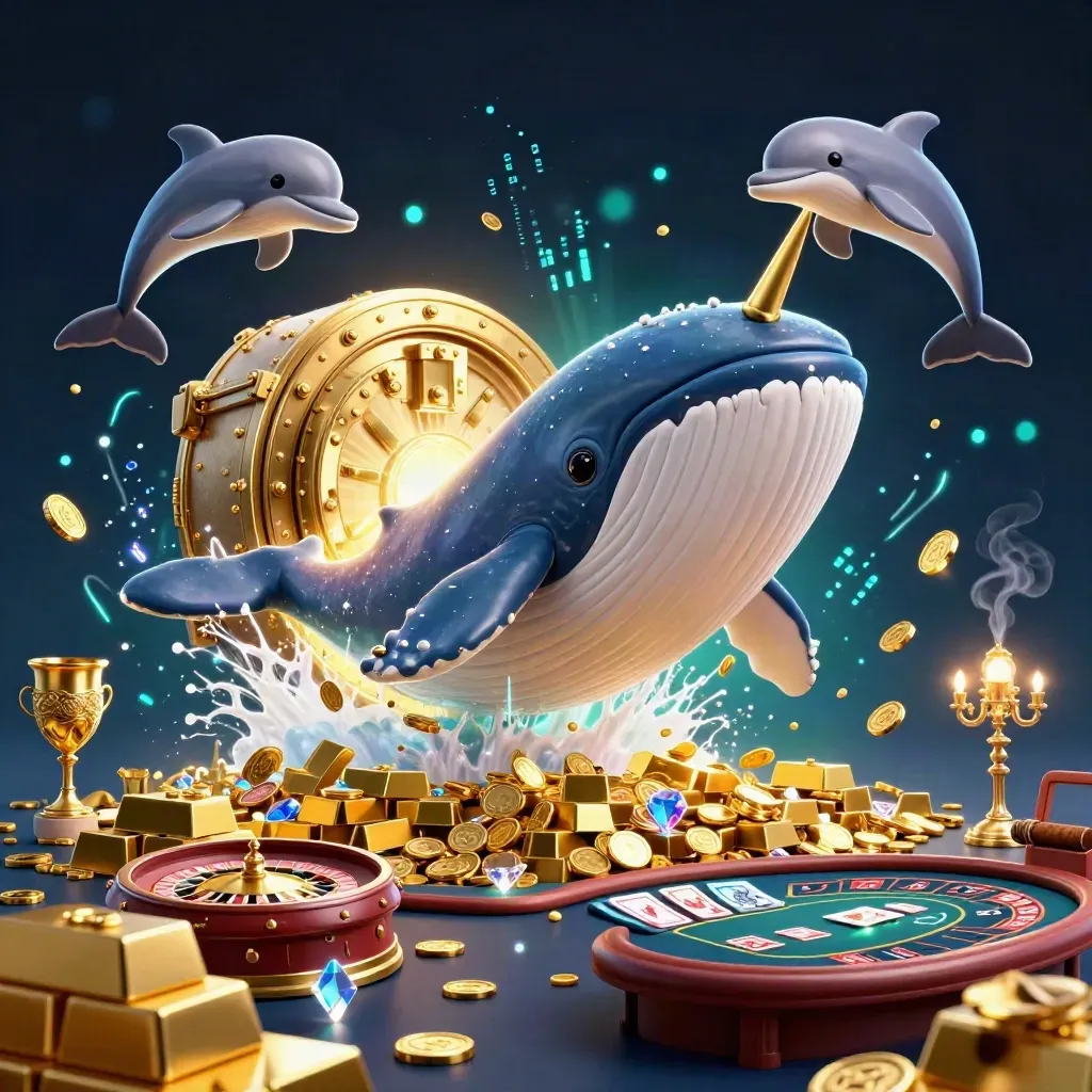 Whale captain, narwhal, and dolphins erupt through gold in a neon casino vault scene.