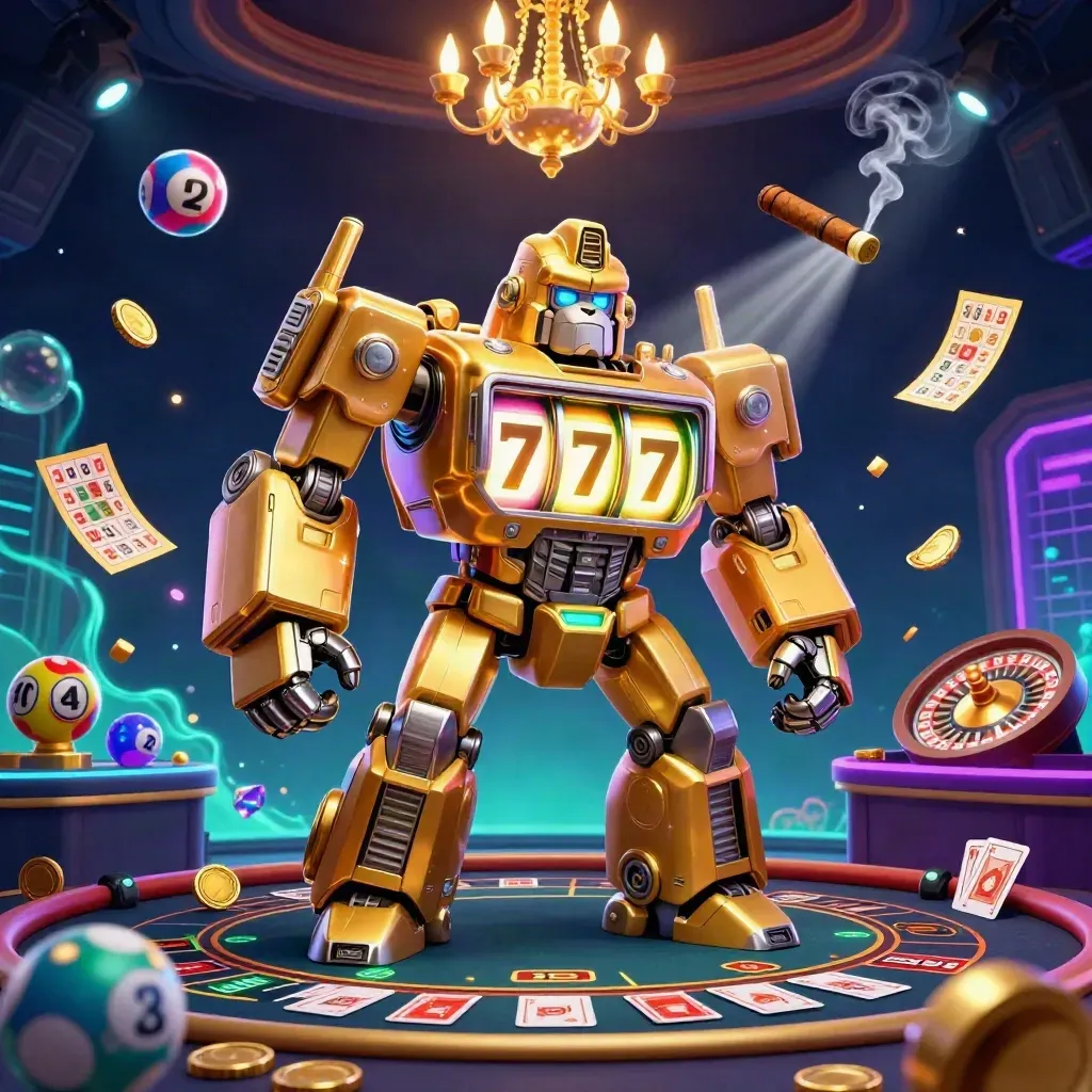 Golden gorilla mech with monkey pilot amid casino lights, cards, wheels, and neon glow.