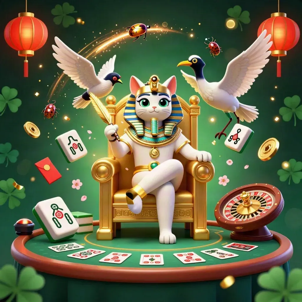 Pharaoh cat, ibis scribe, and gem-wing scarabs amid casino lights and lucky game props