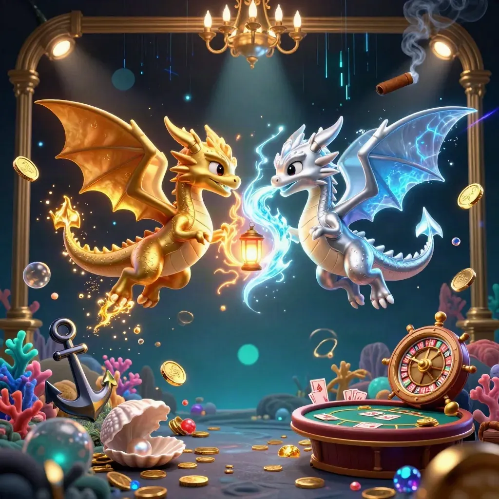 Twin gold and silver dragons spiral over a treasure-casino cove of coins, coral, and glowing tables.