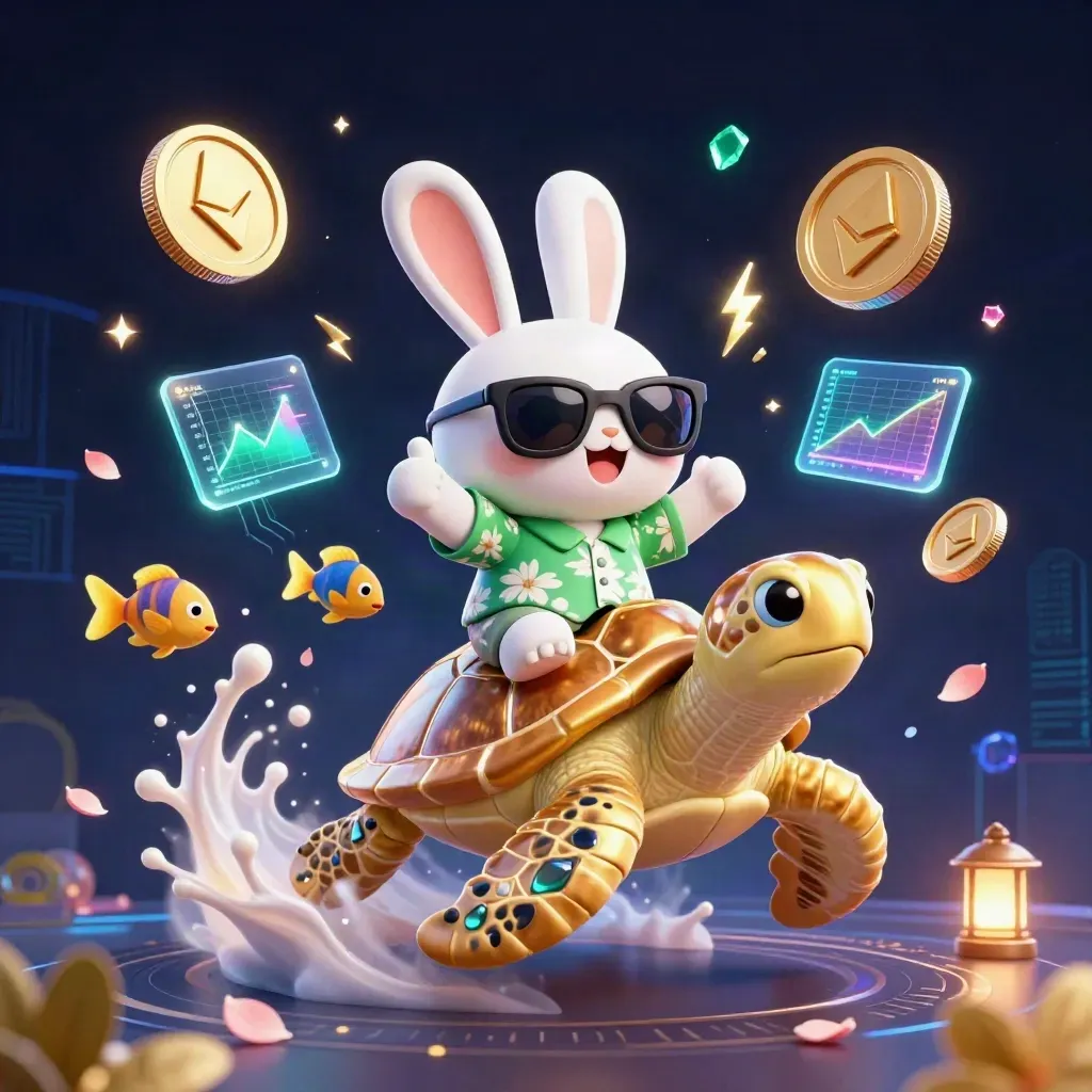 Lucky rabbit riding a golden sea turtle amid neon crypto effects and casino glow.