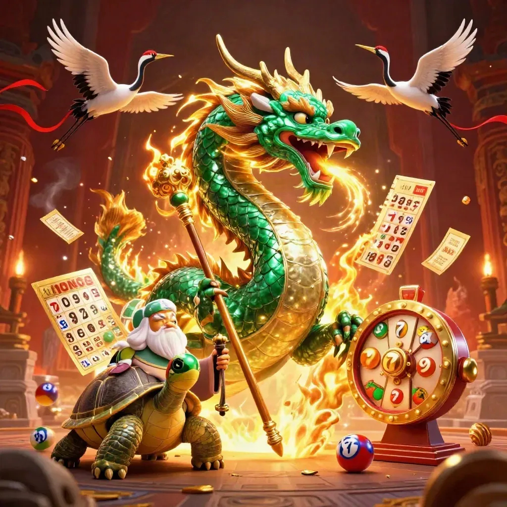 Emerald dragon, turtle sage and ribbon cranes erupting with fire, gems, lottery balls and casino prizes.