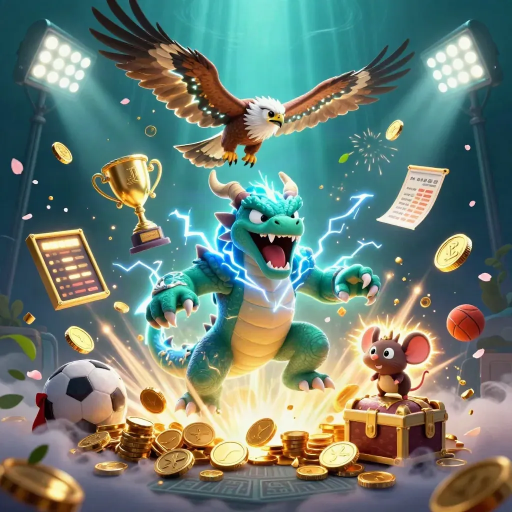Thunder dragon, wind hawk and static mouse amid coins, sports balls and gold treasure in neon casino light
